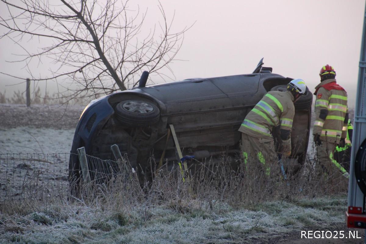 Auto zijwaarts tegen boom door gladheid