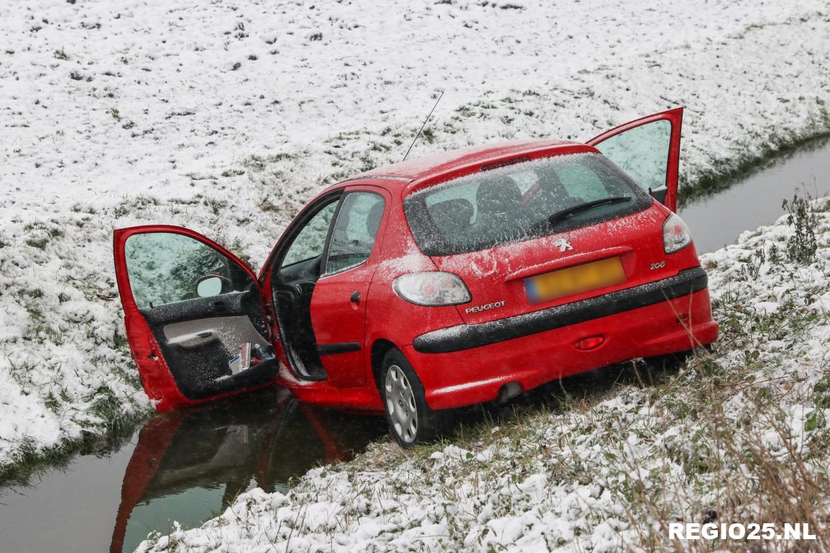 Auto glijdt door sneeuw de sloot in