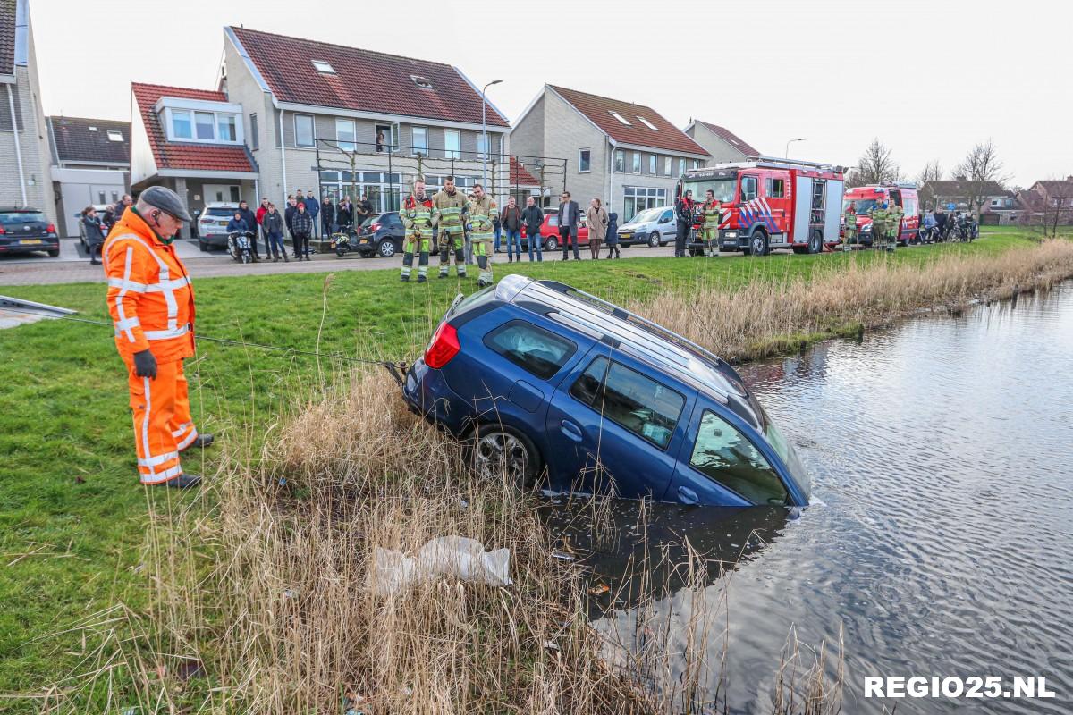 Auto rolt van oprit en raakt te water